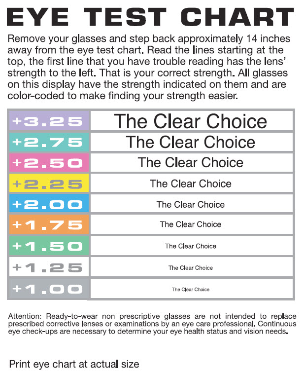 Reading Glasses Strength Chart Printable